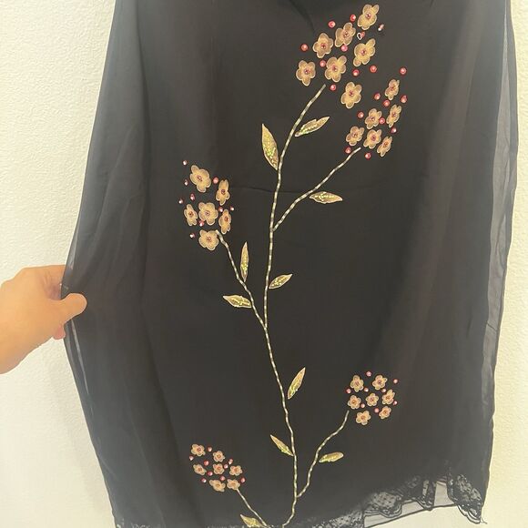 Vtg Y2K Floral Deep V Neck Womens Dress 100% Silk Empire Style Beaded Size 14 - Picture 5 of 8